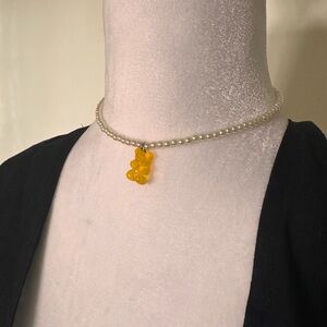 Yellow Bear Pendant Pearl Choker